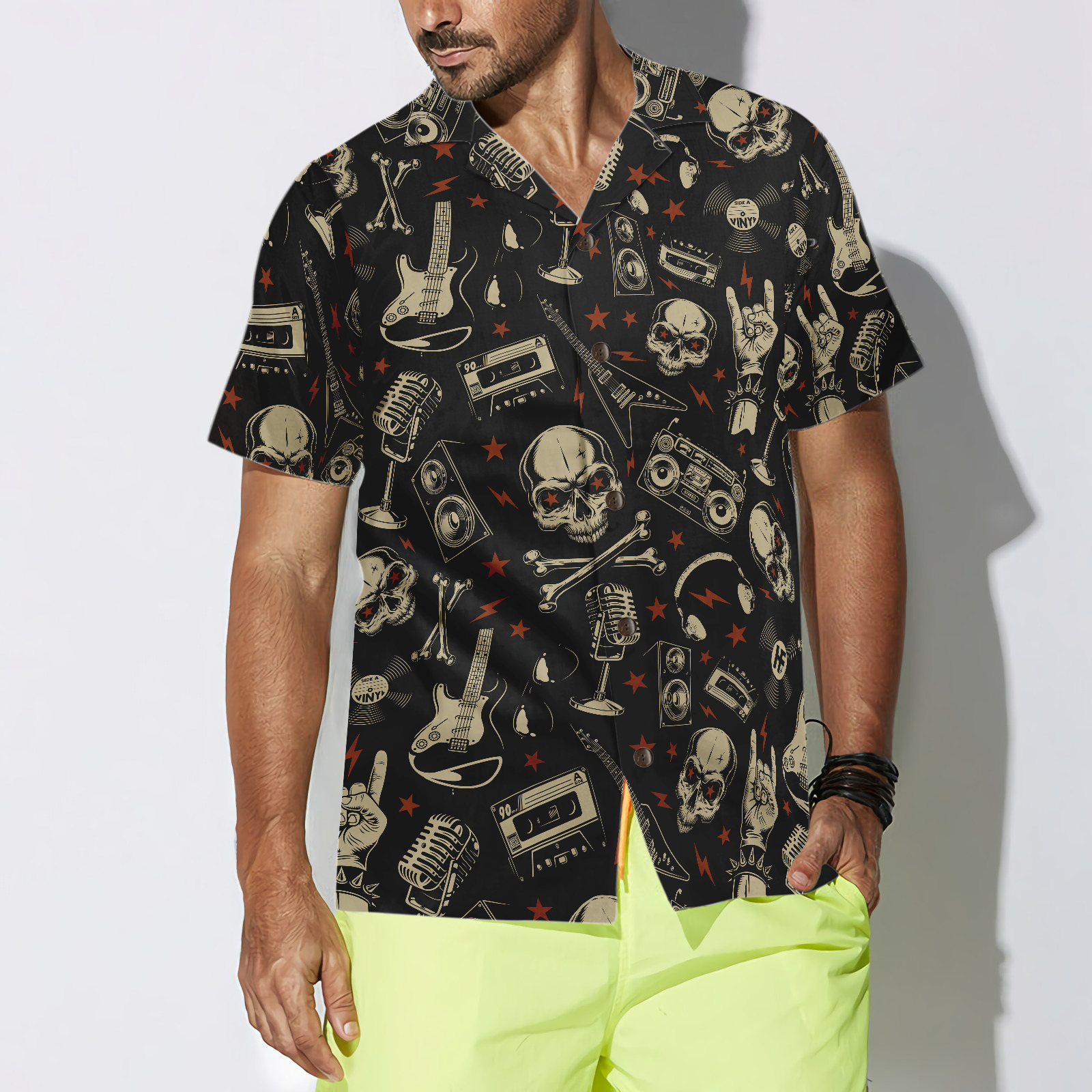 Rock N Roll Will Never Die Hawaiian Shirt, Electric Guitar Skull And Crossbones Hawaiian Shirt - Hyperfavor