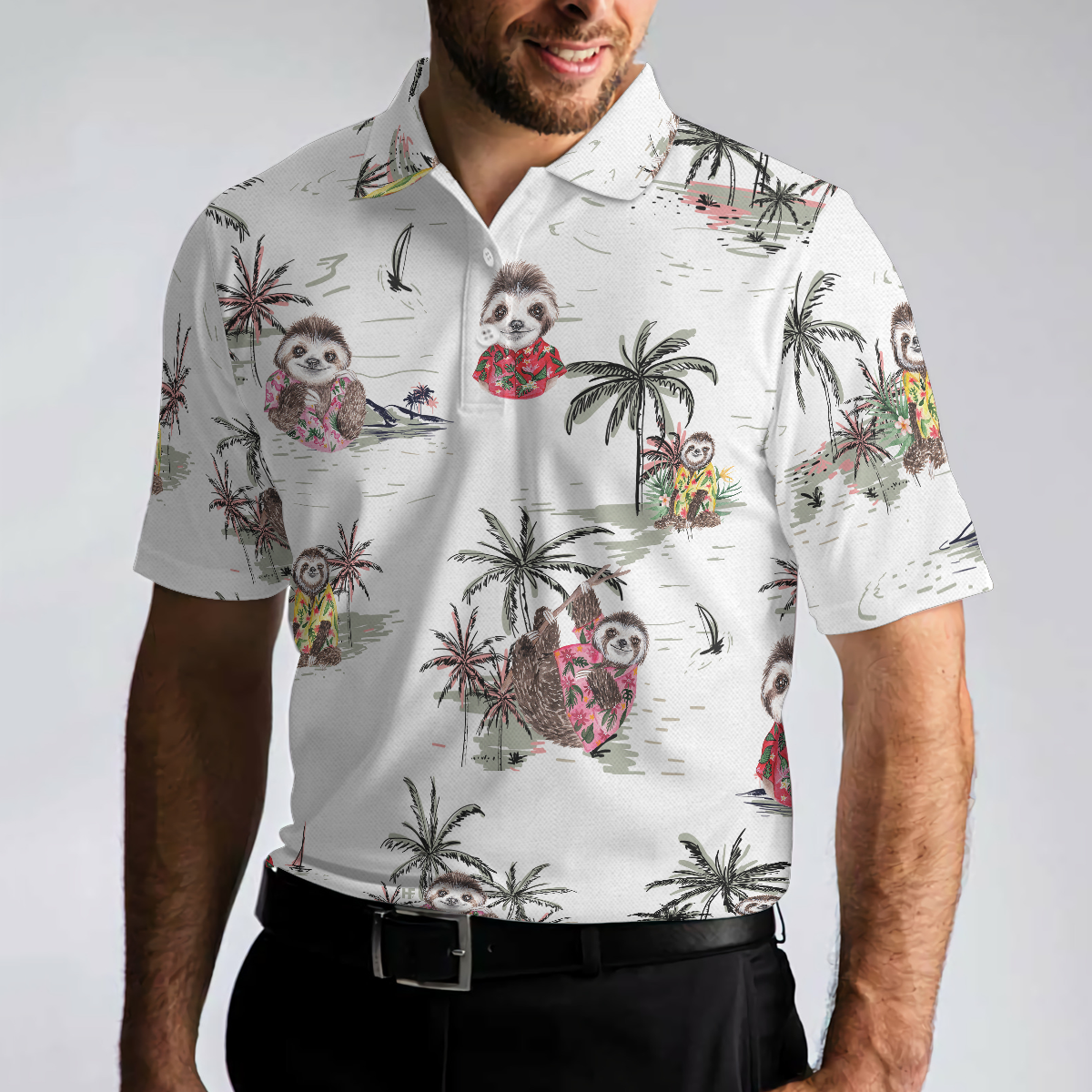 Cute Sloth With Tropical Plants Polo Shirt, White Tropical Sloth Shirt For Men And Women, Sloth Summer Shirt Design - Hyperfavor