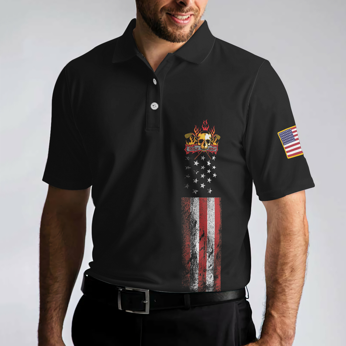 Golf Skull America Flag Short Sleeve Polo Shirt, Wet Paint Black Polo Shirt, Best Golf Shirt For Men - Hyperfavor