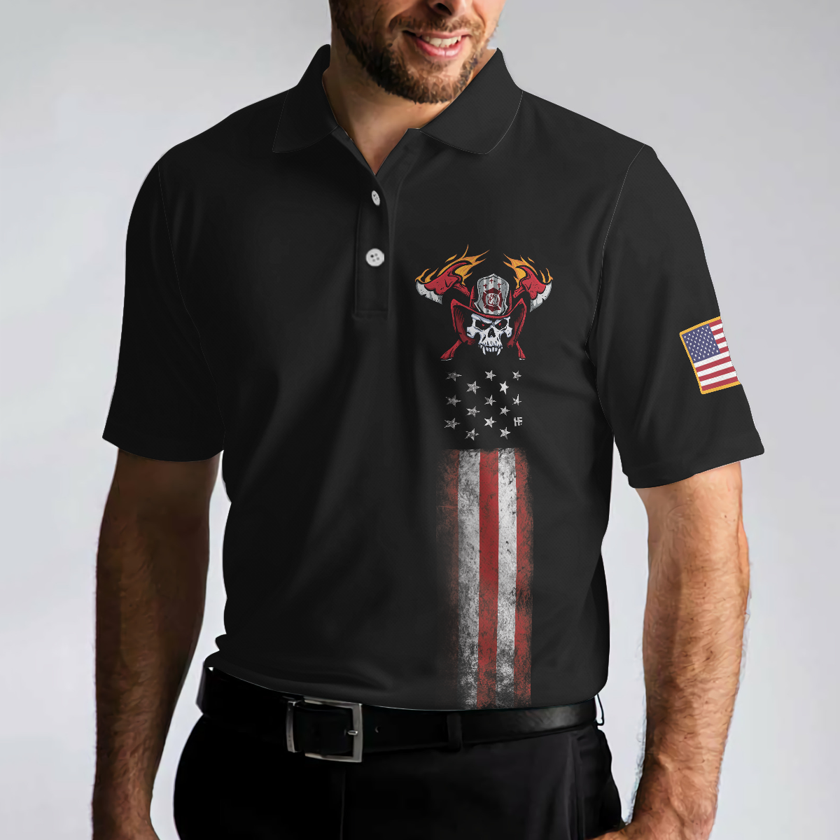 Man Of God Flag Firefighter Polo Shirt, Skull Firefighter American Flag Polo Shirt, Firefighter Shirt For Men - Hyperfavor