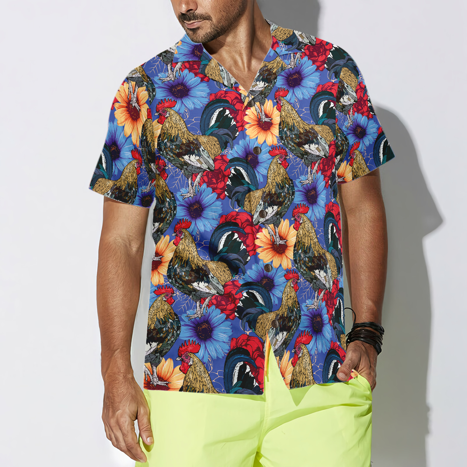 Floral Rooster Chicken Hawaiian Shirt - Hyperfavor