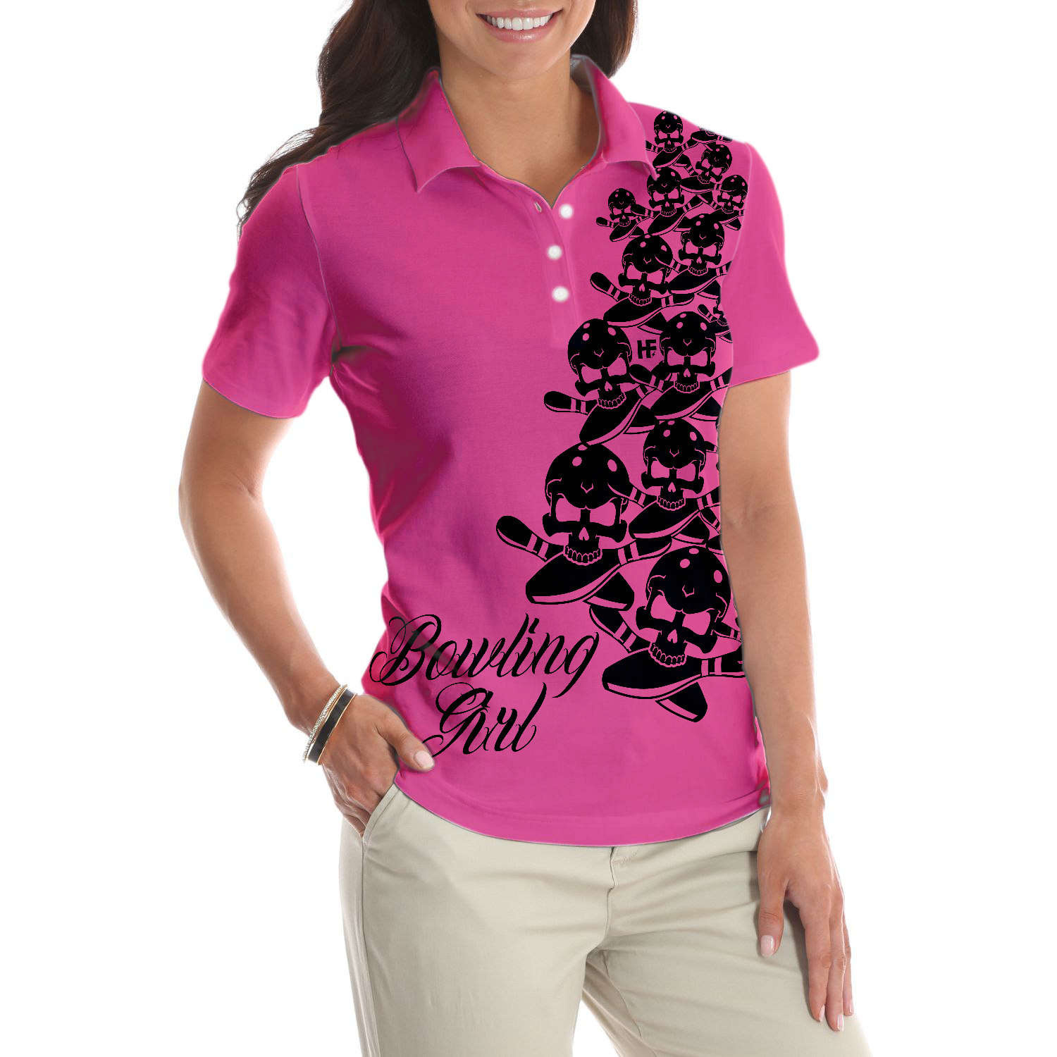 Bowling Girl Skull Short Sleeve Women Polo Shirt, Pink Skull Pattern Bowling Shirt For Female Players - Hyperfavor