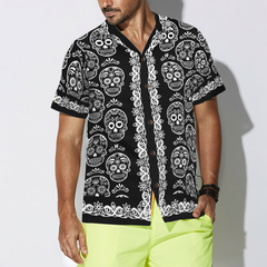 Mexican Sugar Skull On Black Hawaiian Shirt - Hyperfavor