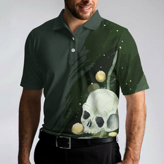 Water Color Golf Skull with Golf Ball Short Sleeve Polo Shirt, Dark Green Golf Shirt For Men - Hyperfavor