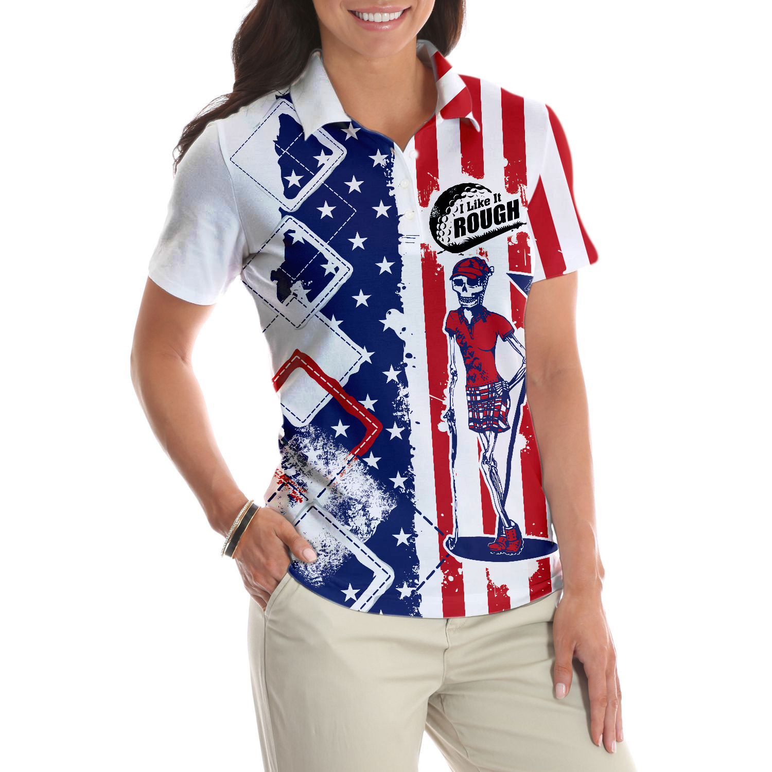 I Like It Rough Golf Short Sleeve Women Polo Shirt, Cool American Flag Argyle Pattern Golf Shirt For Ladies - Hyperfavor