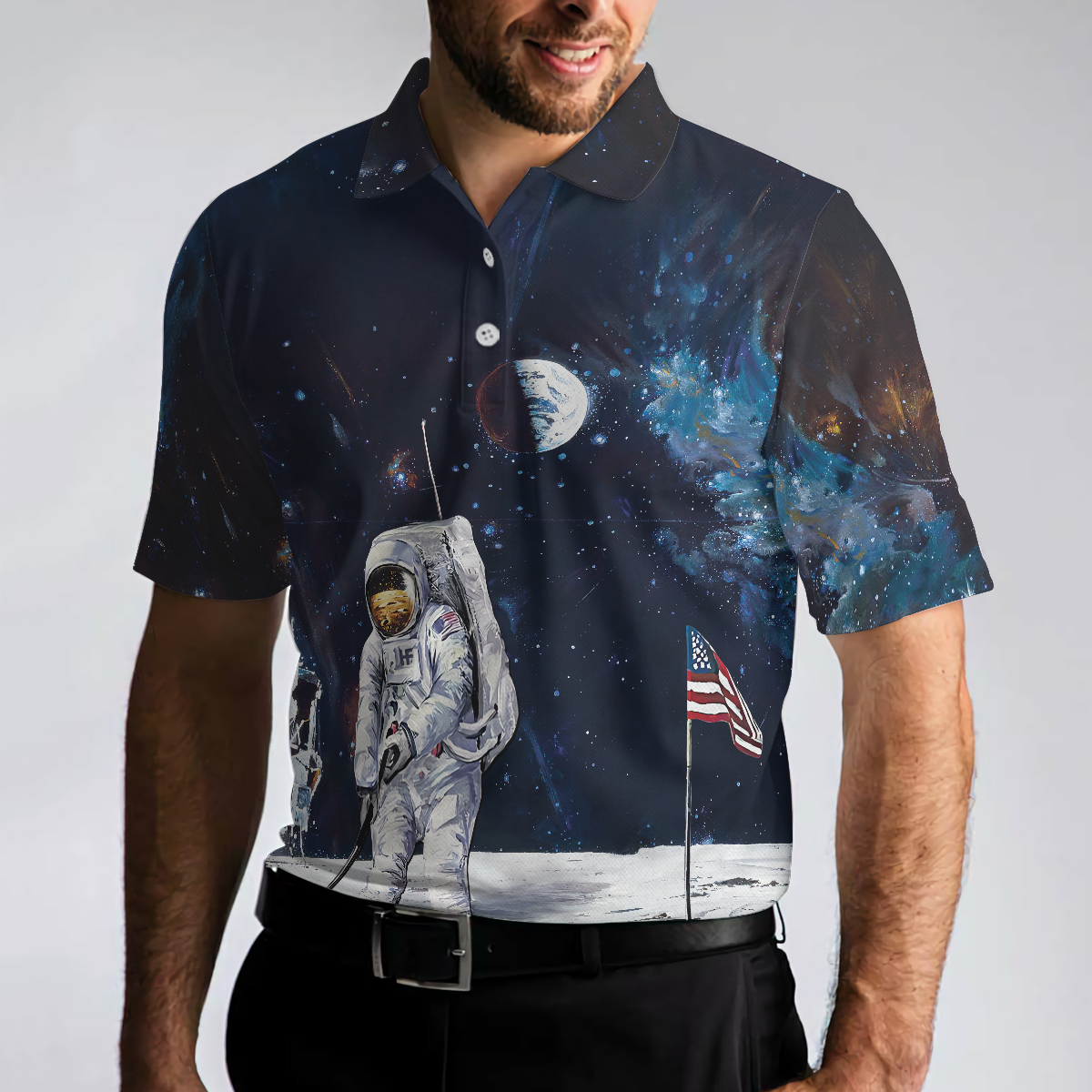 Astronaut Moon Golf Short Sleeve Polo Shirt For Golf, American Flag Polo Shirt, Best Golf Shirt For Men - Hyperfavor