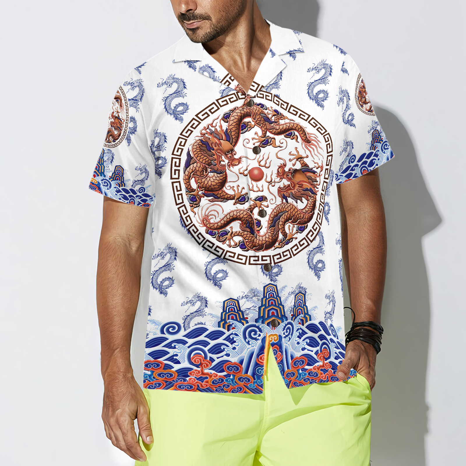 Chinoiserie Dragon White Hawaiian Shirt - Hyperfavor