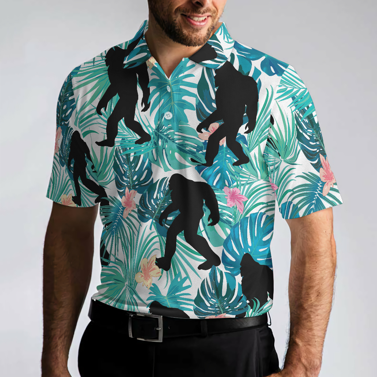 Bigfoot Tropical Short Sleeve Polo Shirt, Floral And Leaves Polo Shirt, Best Bigfoot Shirt For Men - Hyperfavor