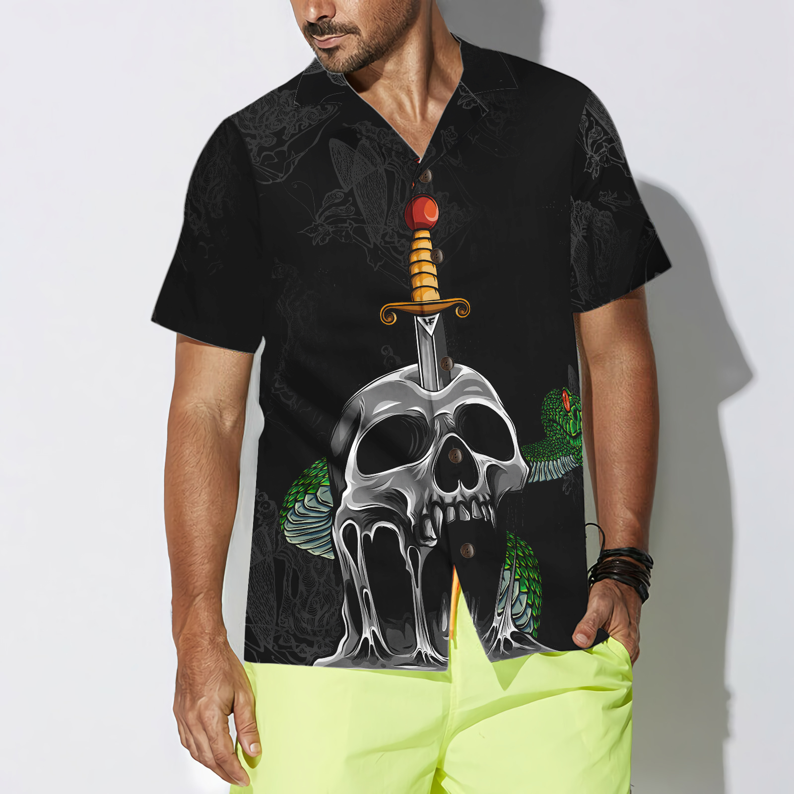 Skull & Snake Gothic Hawaiian Shirt, Dark Sword Melted Black Skull Hawaiian Shirt - Hyperfavor