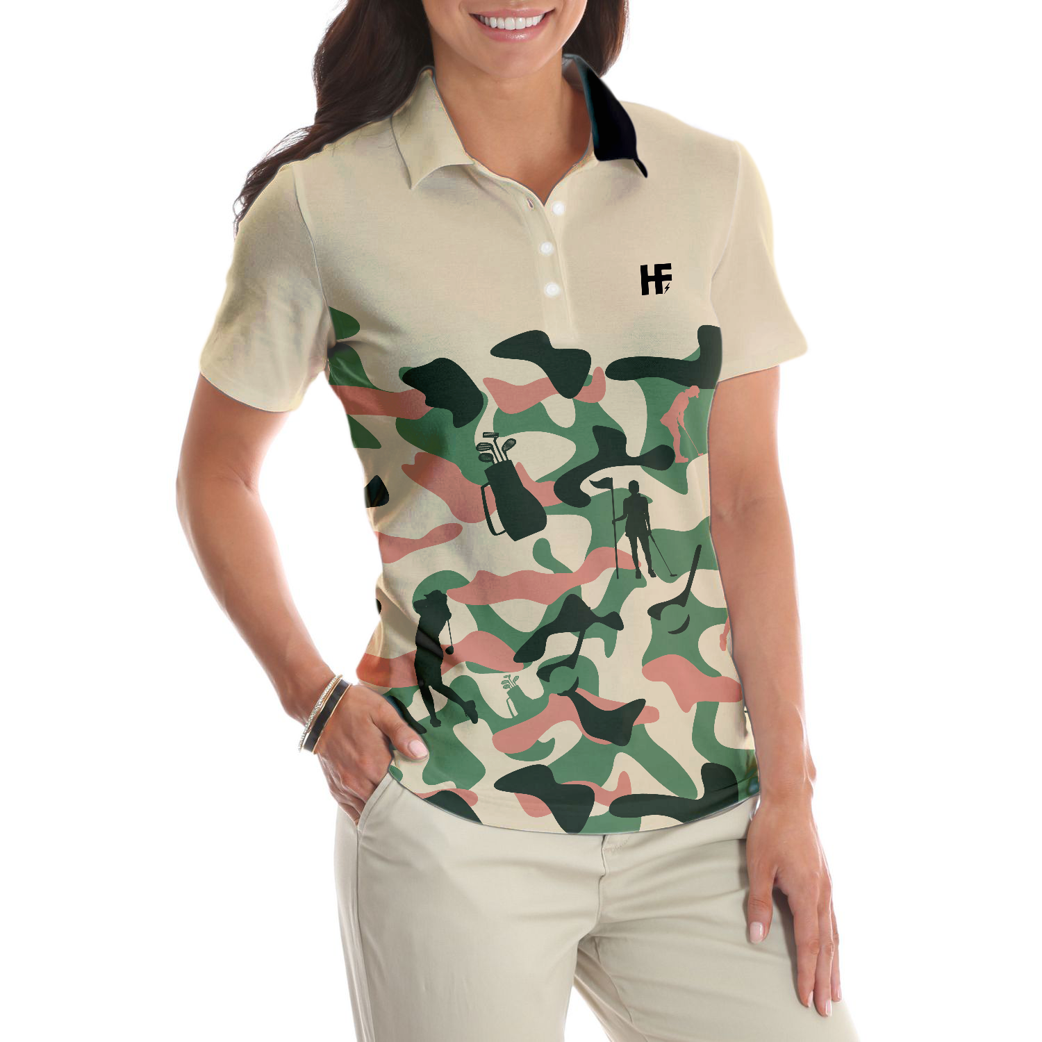 Camouflage Texture Golf Set For Woman Short Sleeve Women Polo Shirt, Camo Golf Shirt For Ladies, Unique Female Golf Gift - Hyperfavor