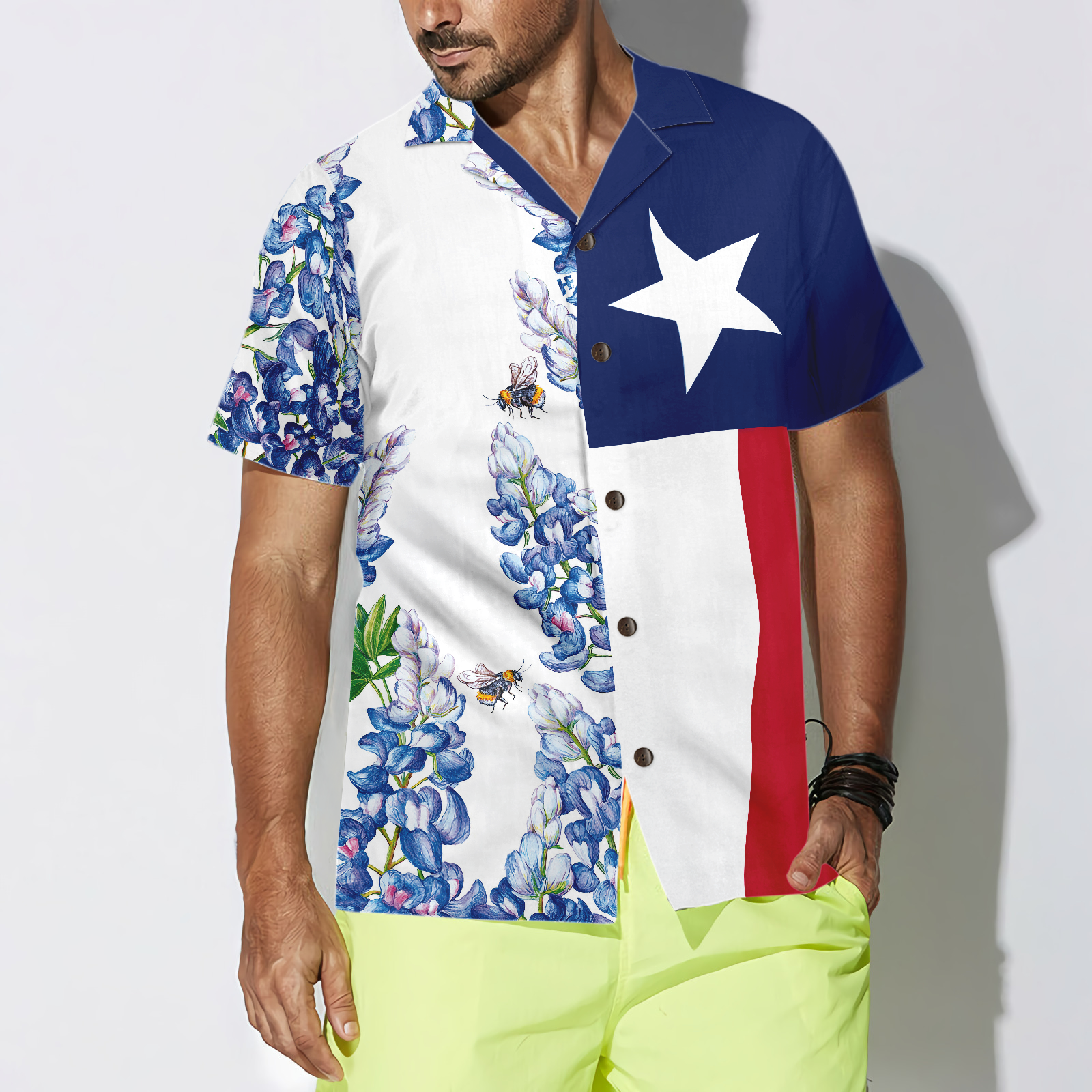 Royal Blue Bluebonnet Texas Hawaiian Shirt, Floral Texas Flag Shirt Vertical Version, Proud Texas Shirt For Men - Hyperfavor