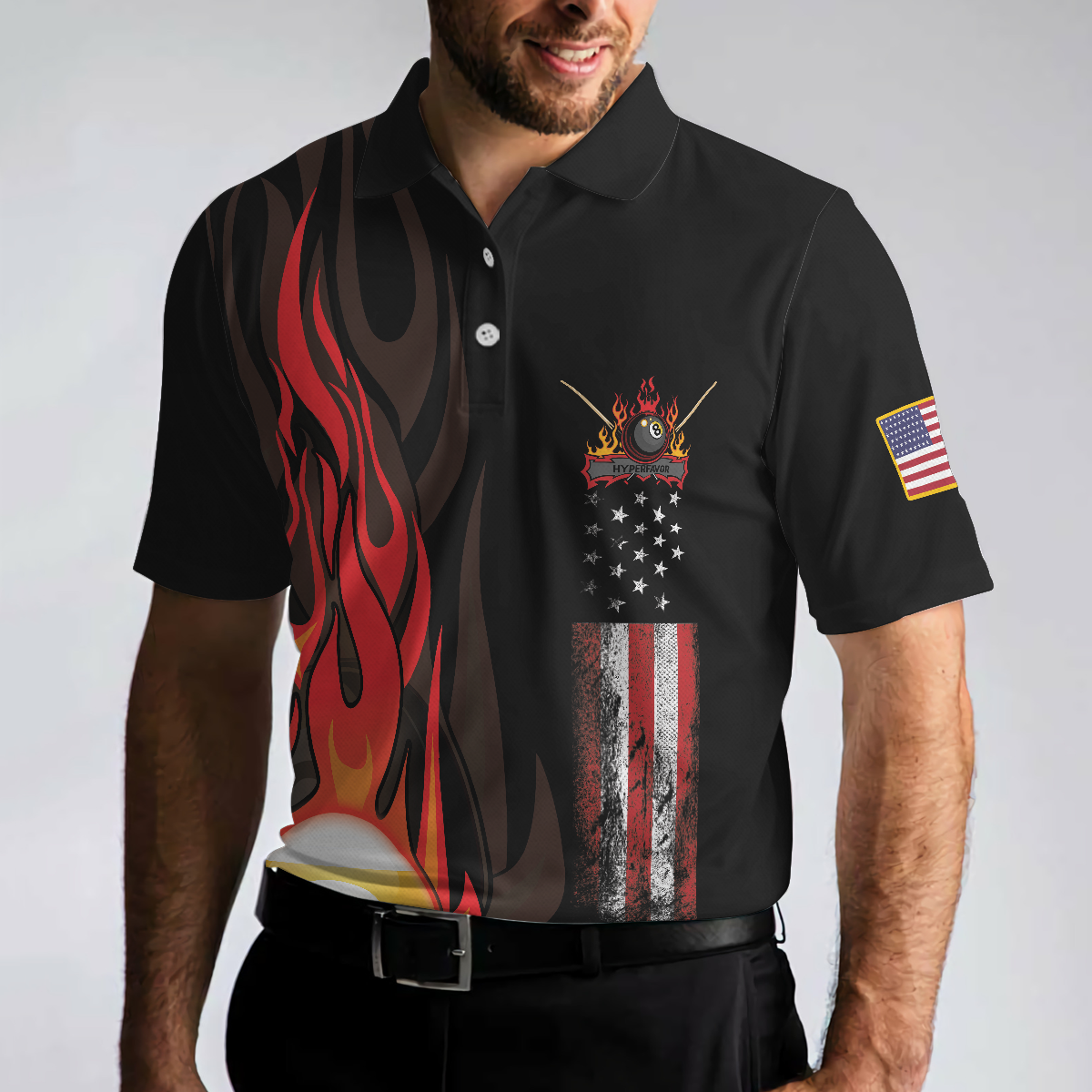 Flame 9 Ball Billiards Pool Polo Shirt, American Flag Billiards Shirt For Men, Gift For Pool Players - Hyperfavor