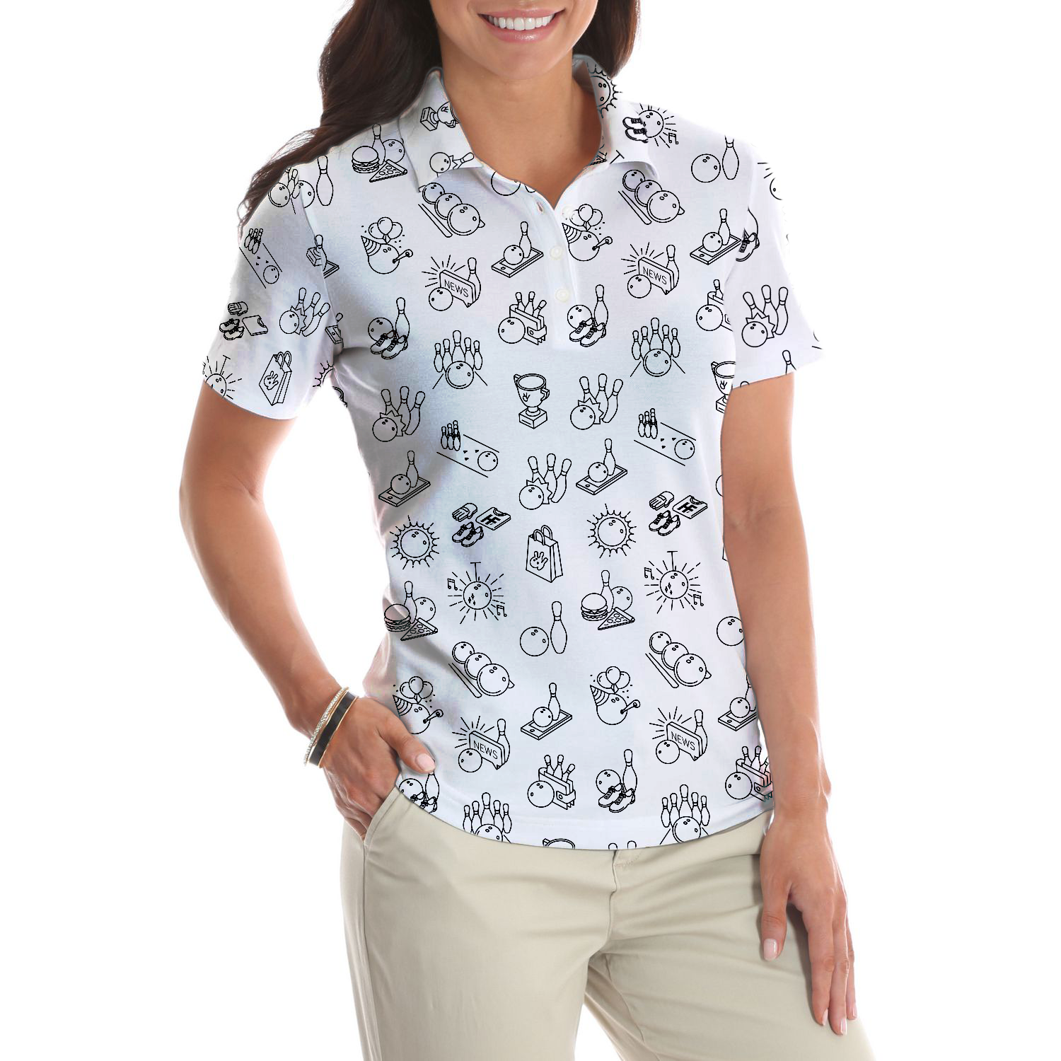 Bowling Icon Pattern Short Sleeve Women Polo Shirt, Cool Bowling Polo Shirt For Female Bowlers, Best Bowling GIft Idea - Hyperfavor