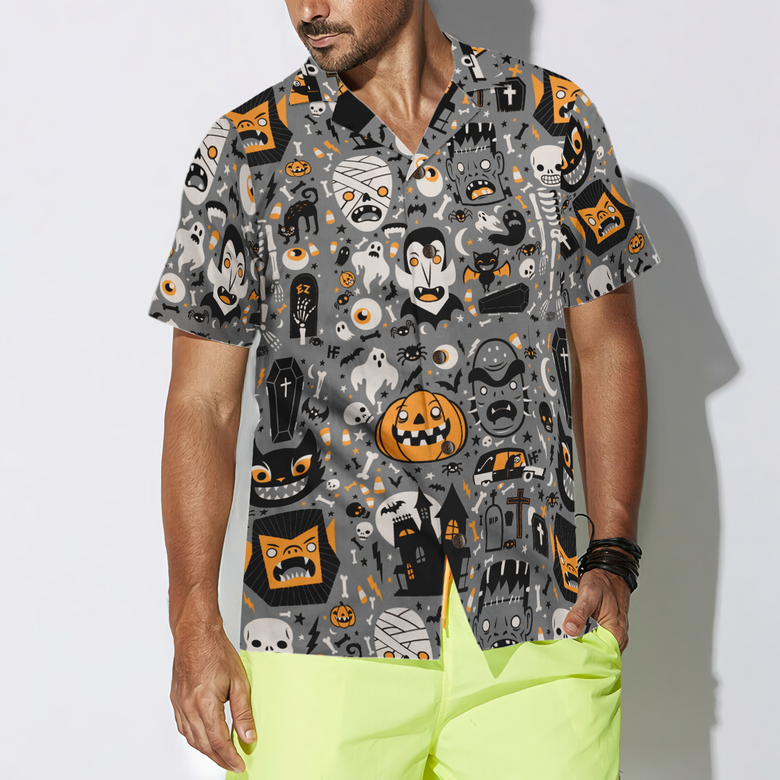 Doodle Pattern Happy Halloween Hawaiian Shirt - Hyperfavor