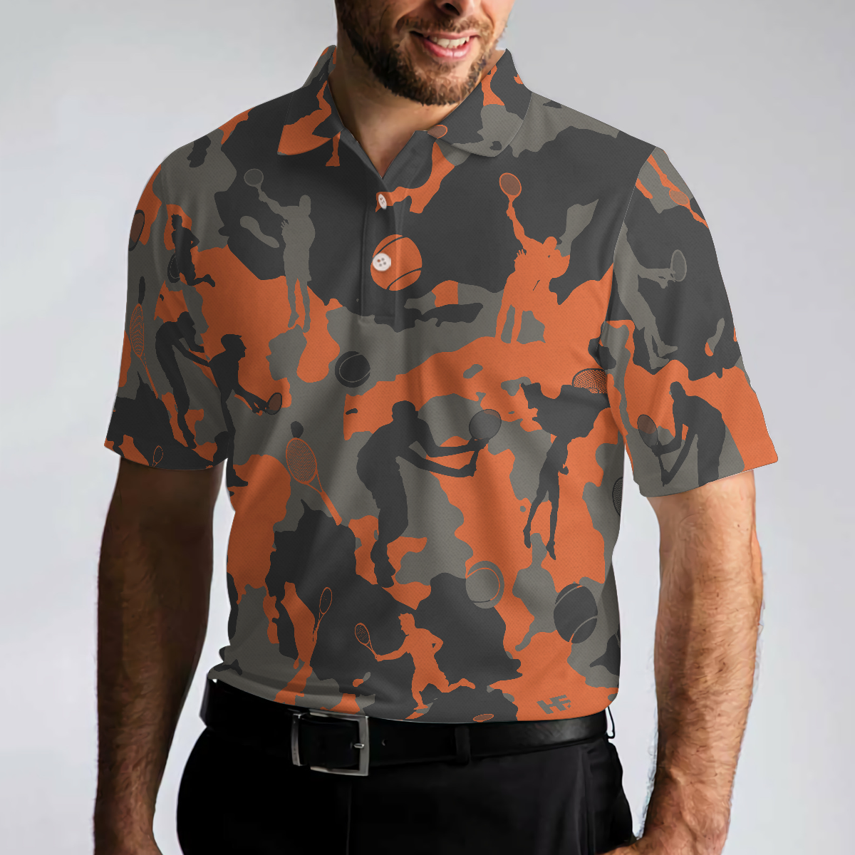 Orange Camouflage Tennis Polo Shirt, Tennis Player Silhouette Pattern Polo Shirt, Camo Golf Shirt For Men - Hyperfavor