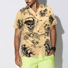 Skull On Retro Mechanism Background Hawaiian Shirt - Hyperfavor