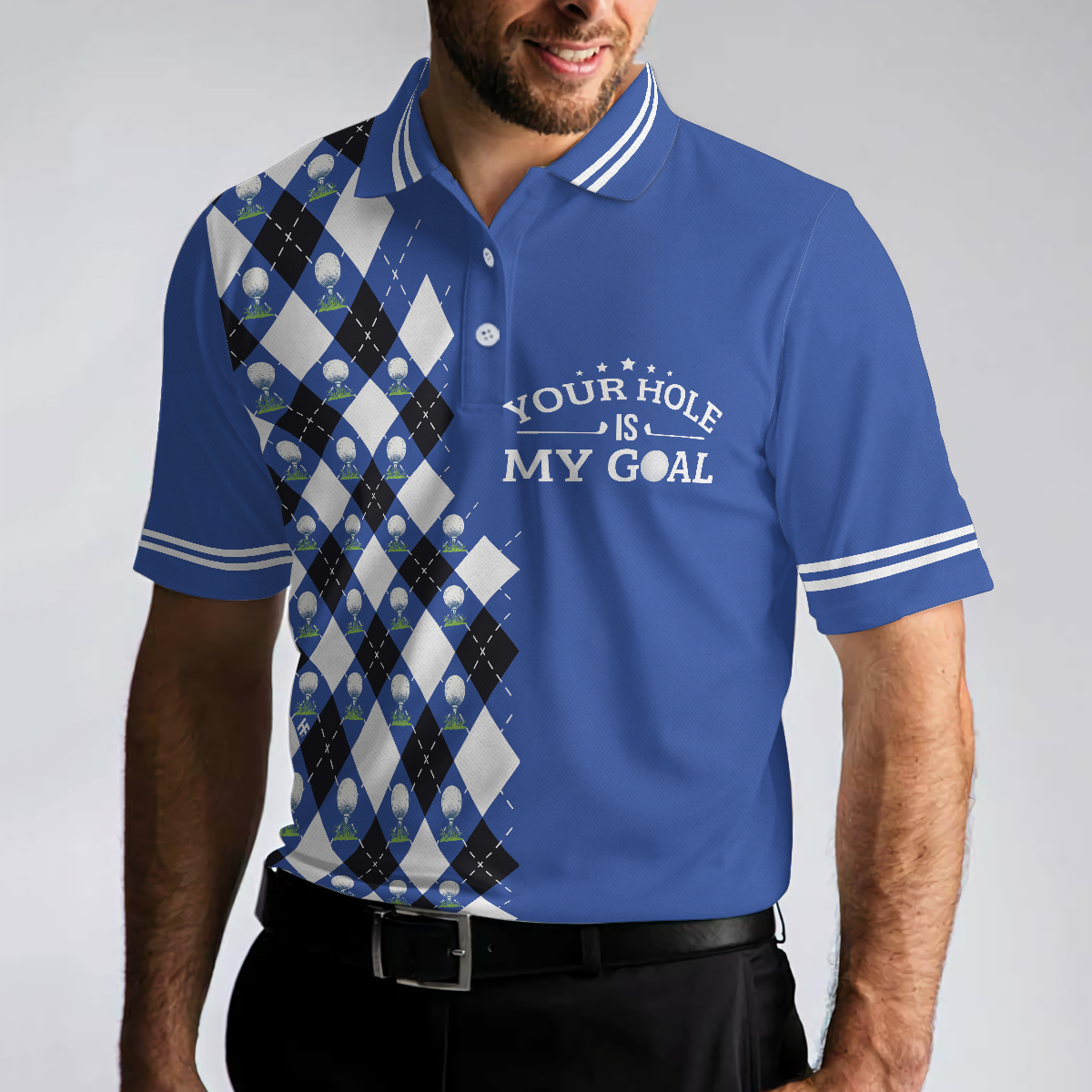 Your Hole Is My Goal Remastered Short Sleeve Golf Polo Shirt, Blue Argyle Pattern Polo Shirt, Best Golf Shirt For Men - Hyperfavor