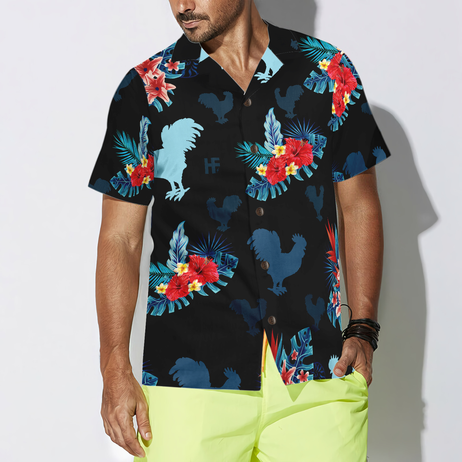 Rooster In Tropical Blue Hawaiian Shirt - Hyperfavor