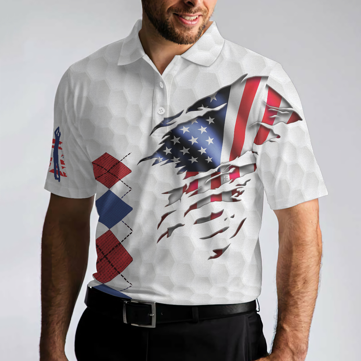 Golf American Flag Argyle Polo Shirt, White Golf Texture American Flag Polo Shirt, Patriotic Golf Shirt For Men - Hyperfavor