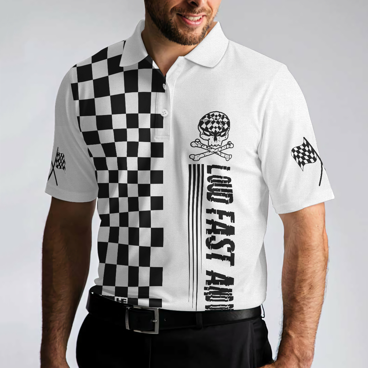 Loud Fast And Dirty Racing Polo Shirt, Black And White Checker Pattern Skull Polo Shirt, Best Racing Shirt For Men - Hyperfavor