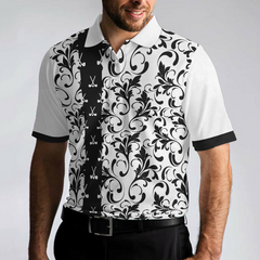 Floral Golf Pattern In White Polo Shirt, Black And White Polo Shirt, Floral Golf Shirt For Men - Hyperfavor