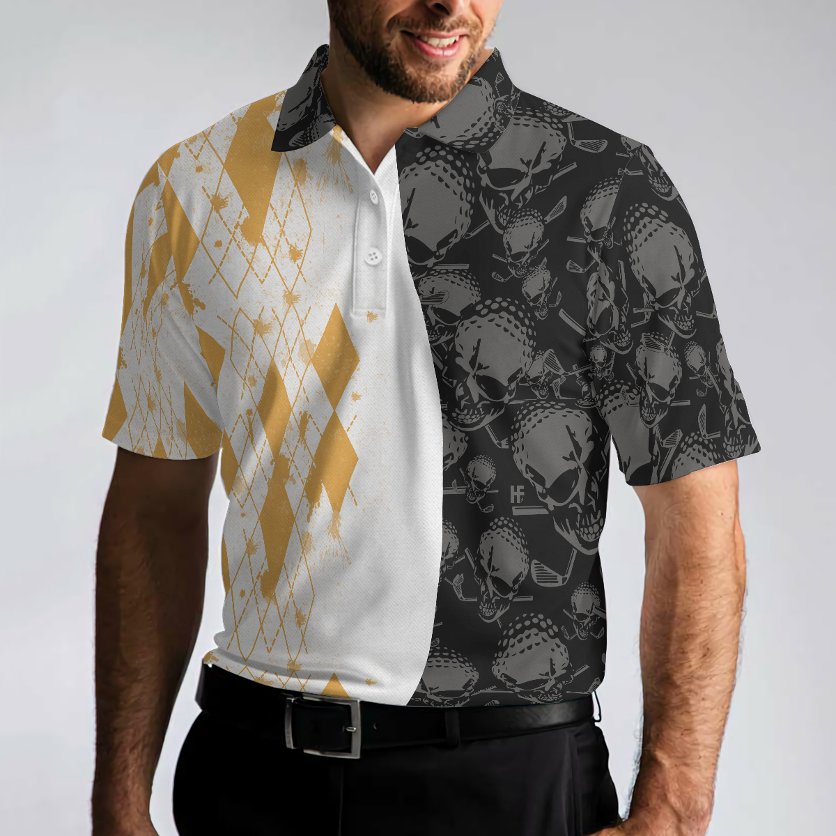 Grip It Rip It Sip It Golf V2 Polo Shirt, Yellow Argyle Pattern Golf Shirt, Skull Golf Shirt Design - Hyperfavor