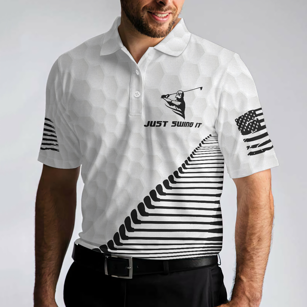 Just Swing It American Golfer Polo Shirt, Black And White American Flag Golf Shirt For Men - Hyperfavor