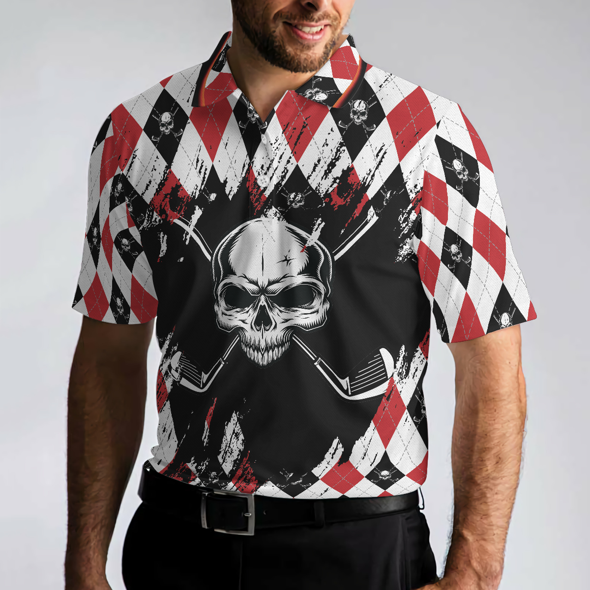 Just Gonna Stand There And Watch Me Golf Polo Shirt, Argyle Pattern Skull Golf Shirt For Men - Hyperfavor