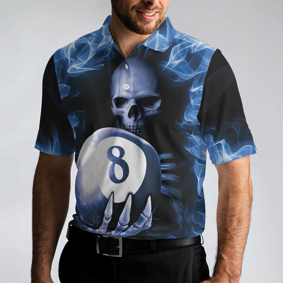 Billiards Murder Polo Shirt, Blue Flame Billiards Shirt Design, Skull Eight Ball Billiards Shirt For Men - Hyperfavor