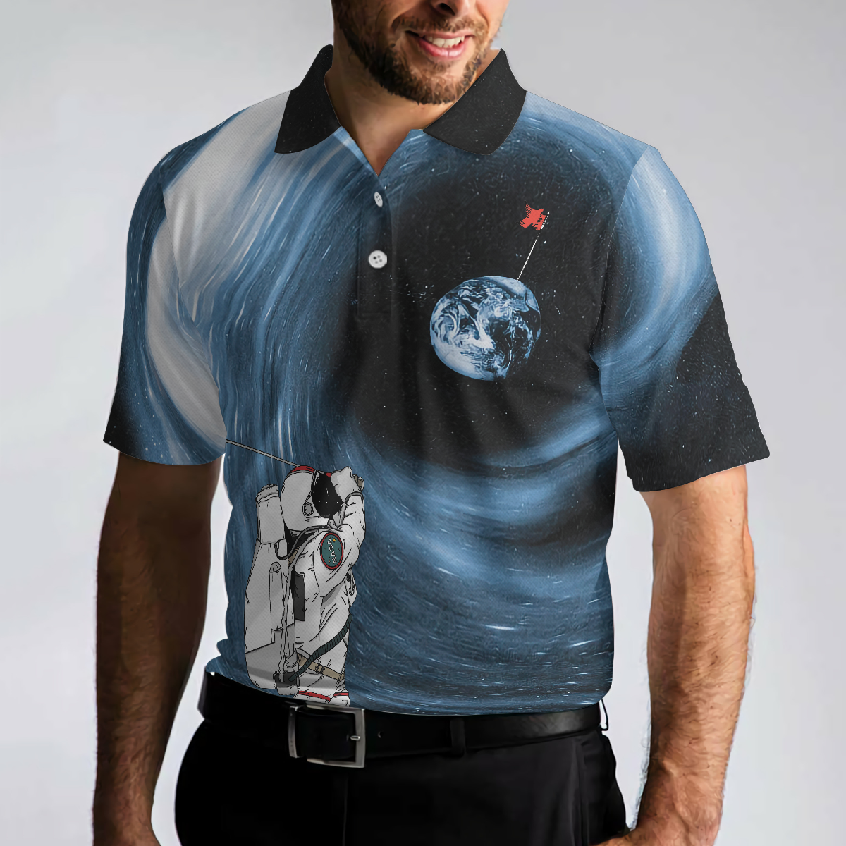 Astronaut Golfing Outer Space Black Golf Polo Shirt, Hole 404 Oops Polo Shirt, Best Golf Shirt For Men - Hyperfavor