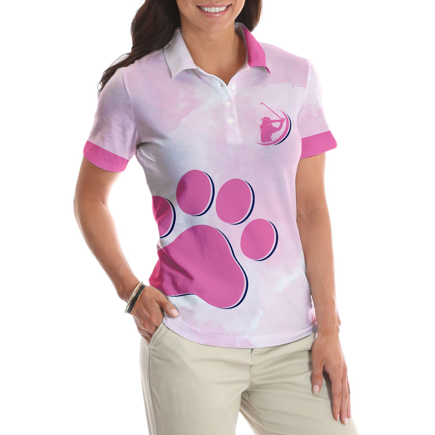 Never Underestimate A Cat Mom Golf Girl V2 Short Sleeve Women Polo Shirt, Pink Paw Pattern Golf Shirt, Golf Gift For Cat Lovers - Hyperfavor