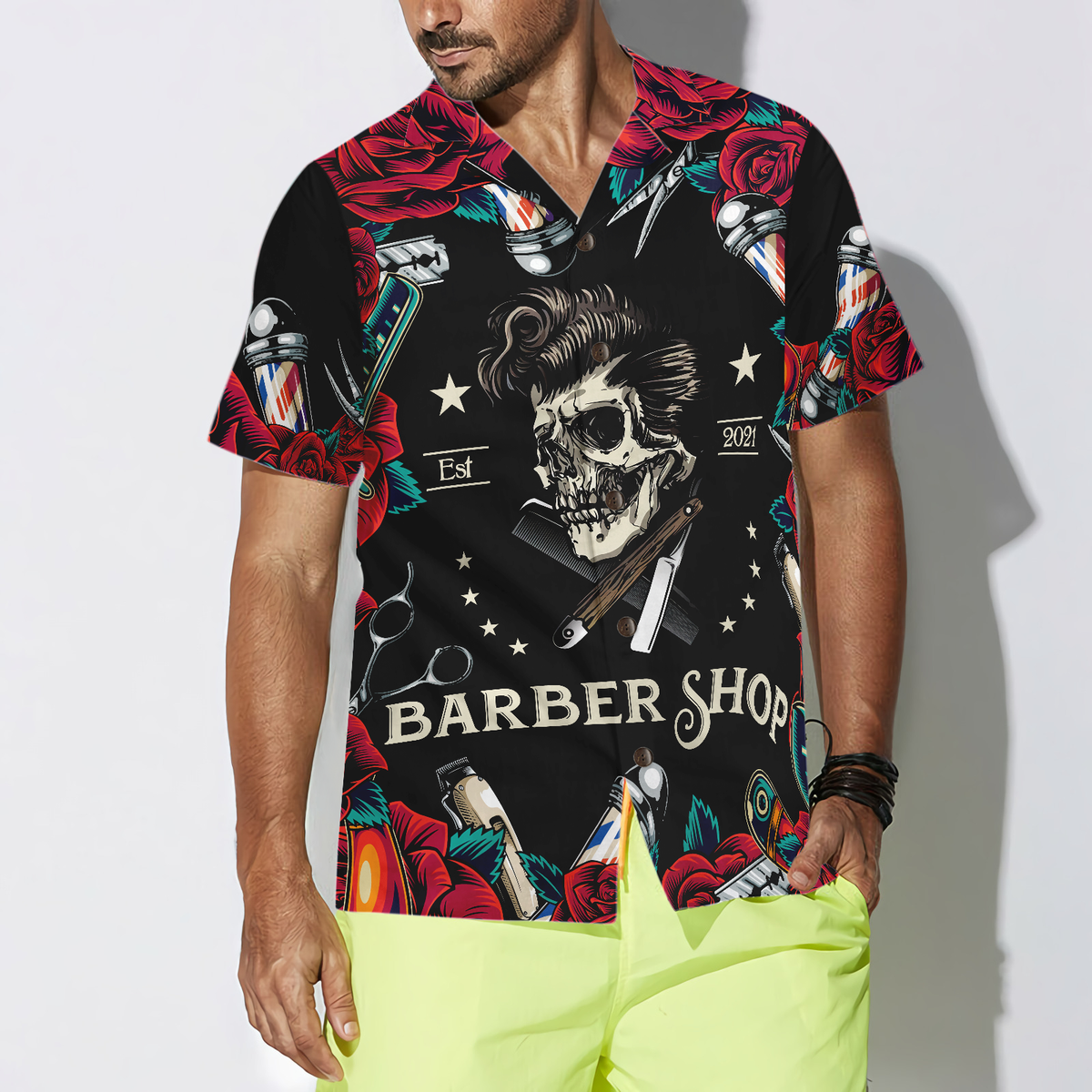 Rose & The Barber Skull Hawaiian Shirt - Hyperfavor