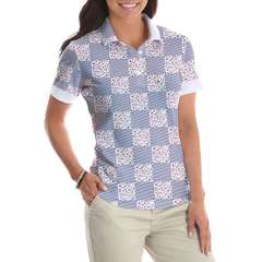 Little Flowers Blue Pink Plaid Short Sleeve Women Polo Shirt - Hyperfavor