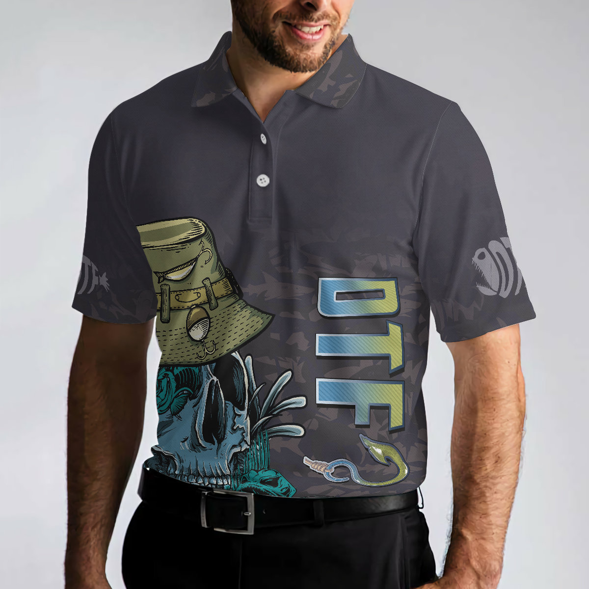 I'm Always DTF Down To Fish Fishing Polo Shirt, Black Skull Polo Shirt, Best Fishing Shirt For Men - Hyperfavor