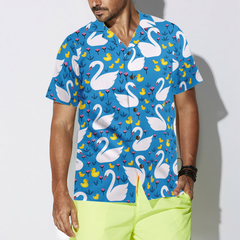 Swans And Ducks Swimming Hawaiian Shirt, Sky Blue Animals And Floral Hawaiian Shirt - Hyperfavor