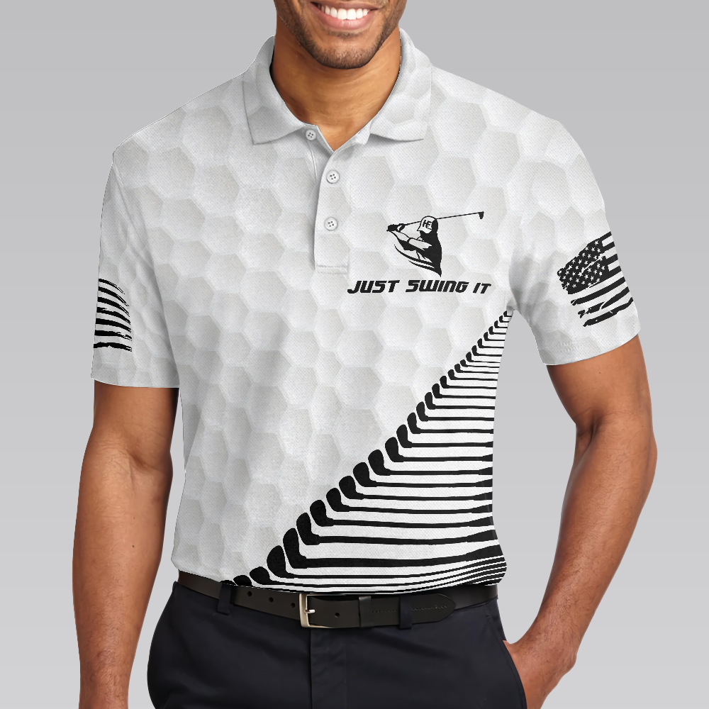 Just Swing It American Golfer Polo Shirt, Black And White American Flag Golf Shirt For Men - Hyperfavor