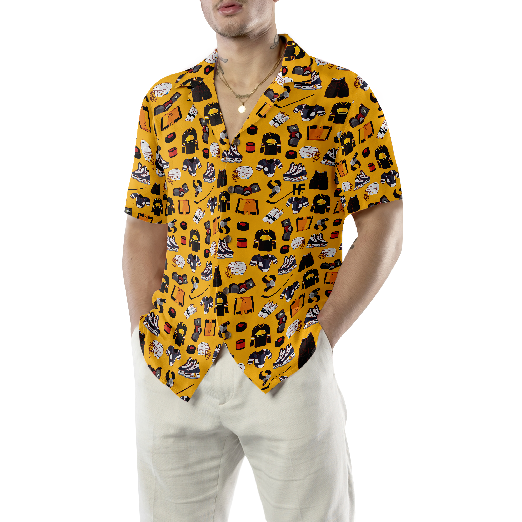 Yellow Ice Hockey Gear Hawaiian Shirt - Hyperfavor