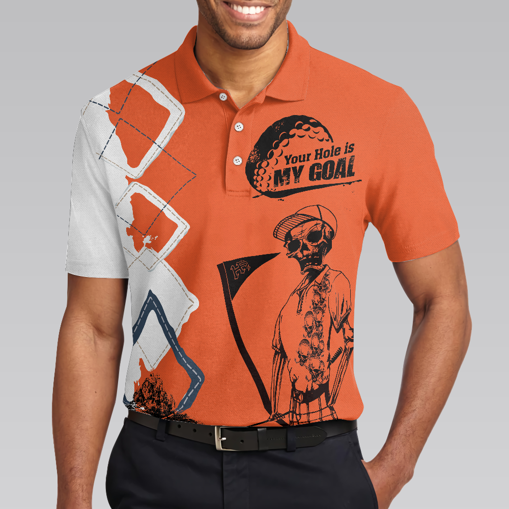 Your Hole Is My Goal Golf Polo Shirt, Orange Argyle Pattern Skeleton Golfer Polo Shirt, Best Golf Shirt For Men - Hyperfavor