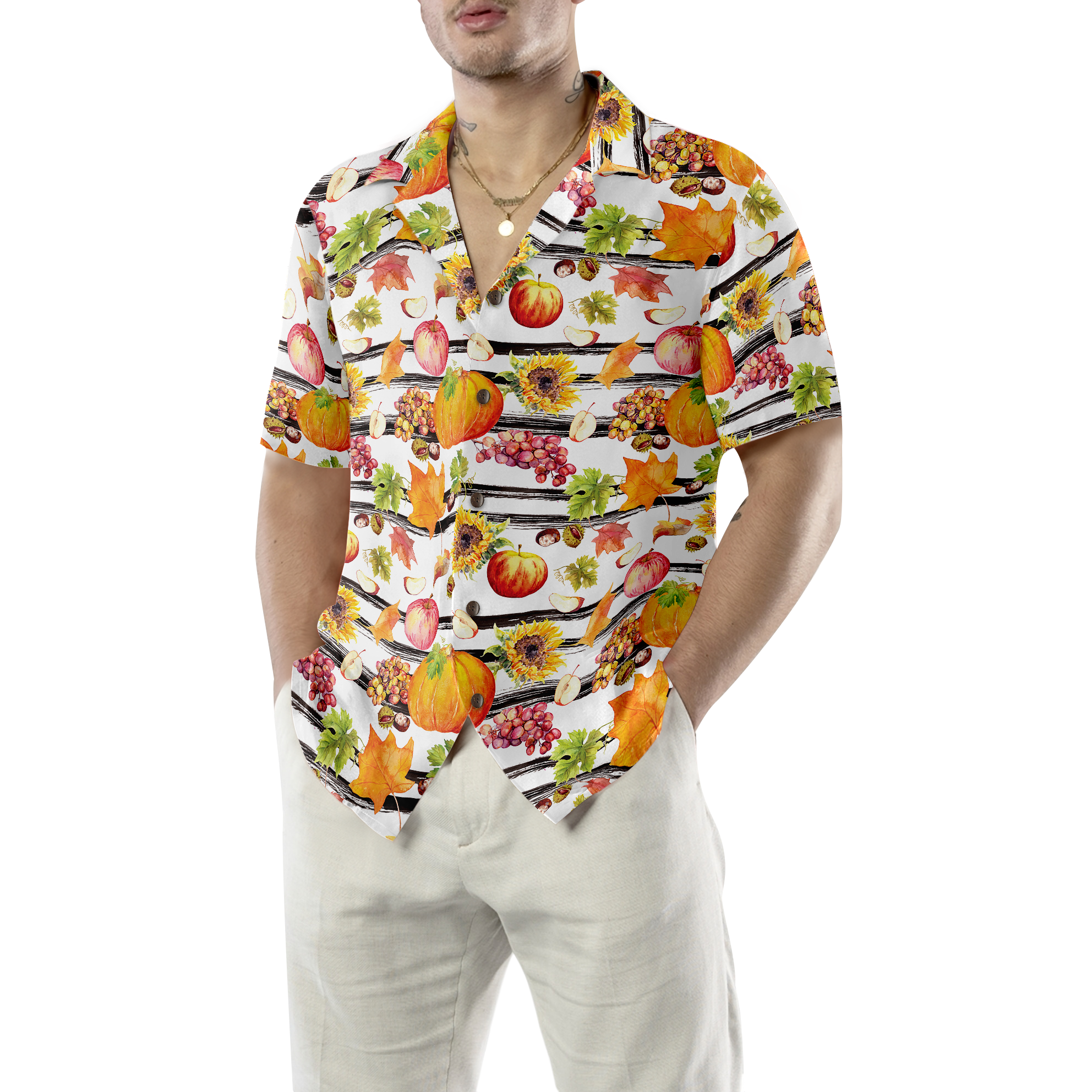 Watercolor Thanksgiving Vegetables With Black Stripes Hawaiian Shirt - Hyperfavor