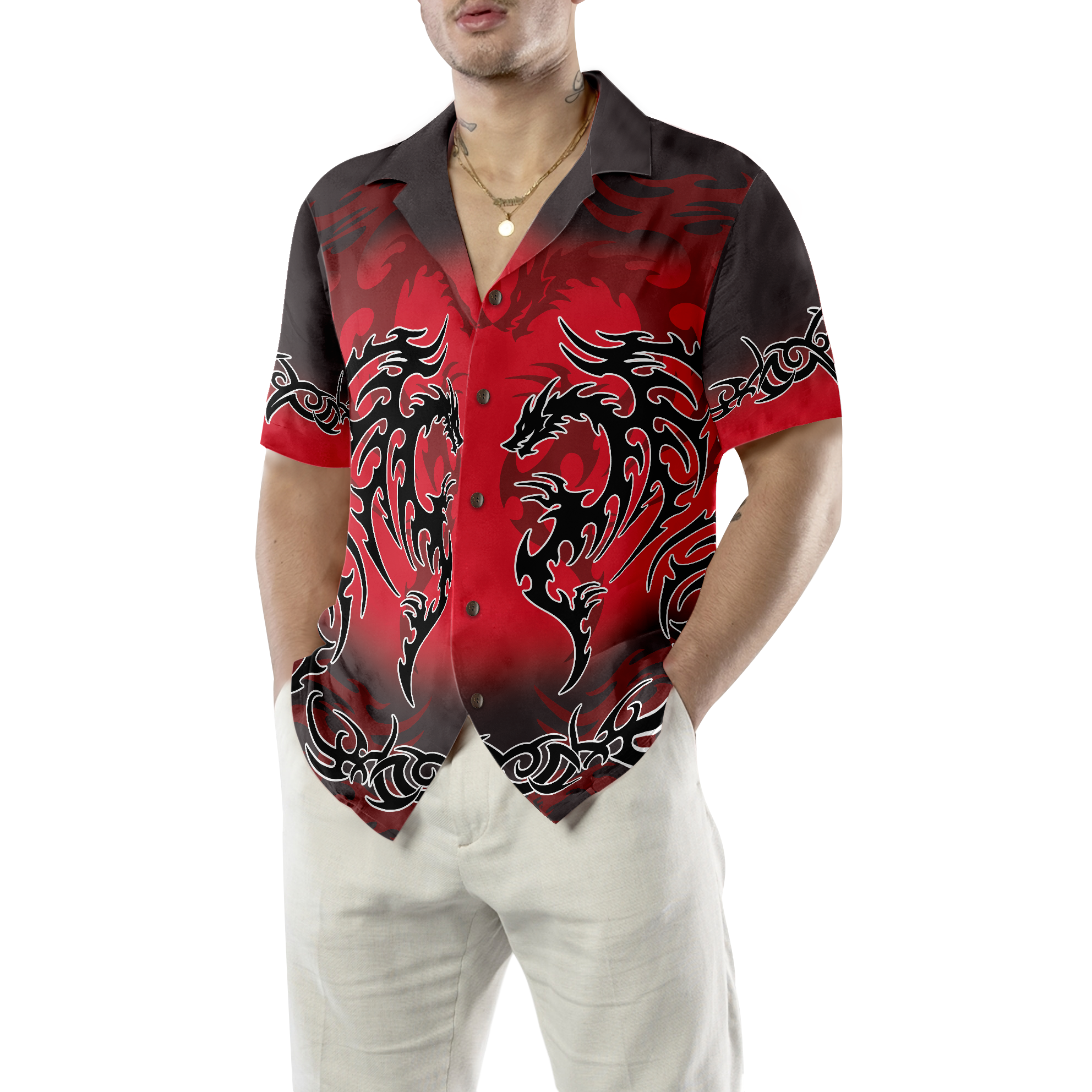 Red Tribal Dragon Hawaiian Shirt - Hyperfavor