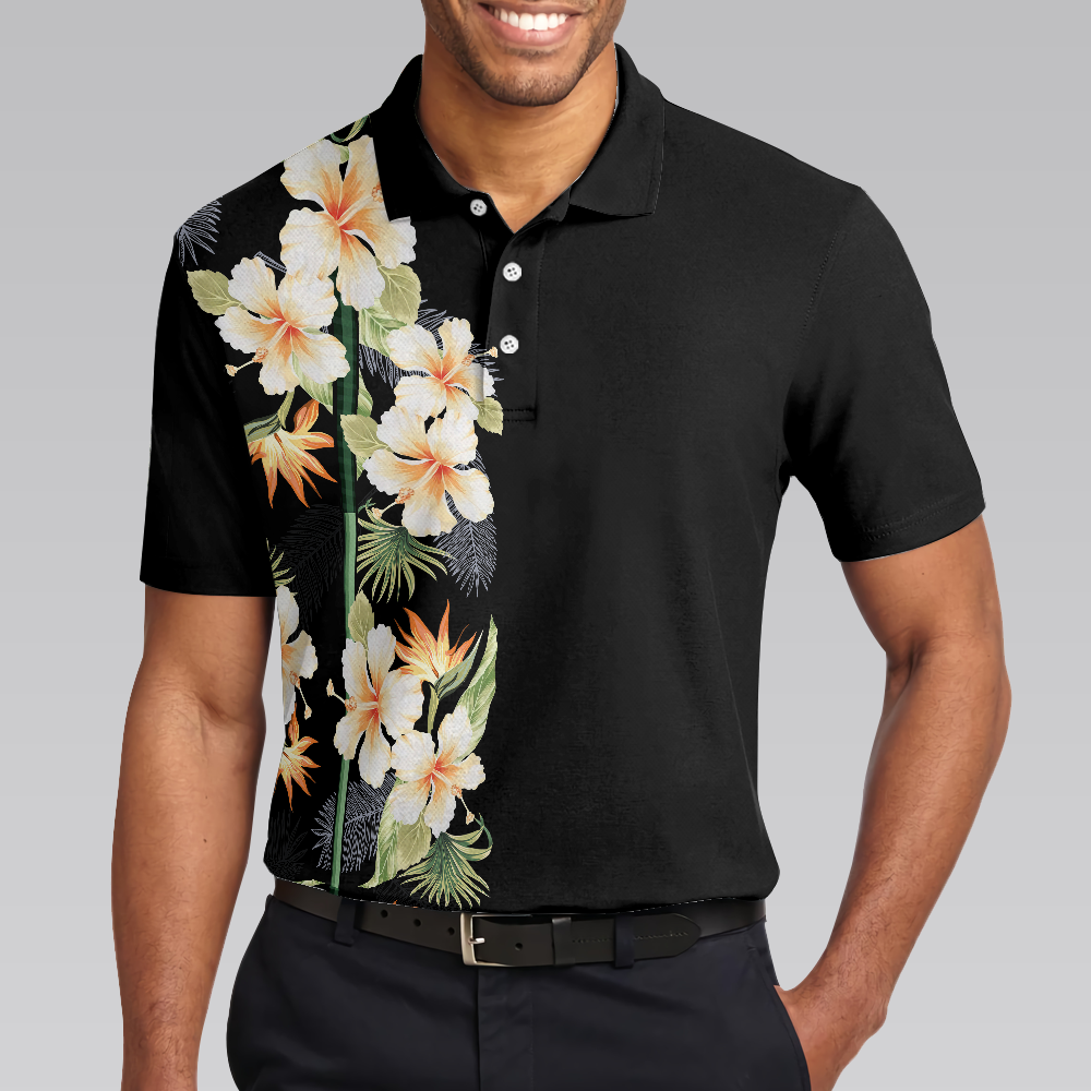 Floral Golf Club And Ball Polo Shirt, Wild Floral And Leaves Golfing Polo Shirt, Tropical Golf Shirt For Men - Hyperfavor