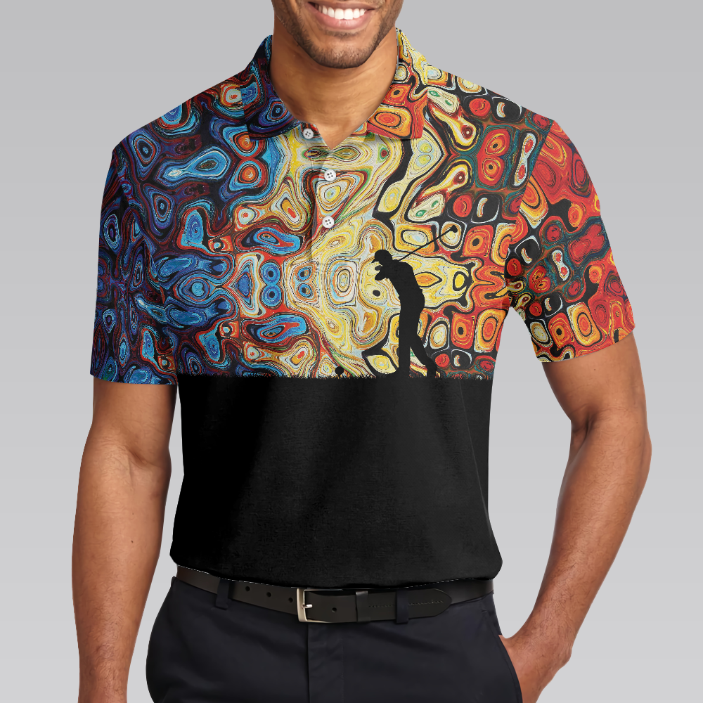 Golf Silhouette With Sky Wavy Abstract Seamless Pattern Polo Shirt, Black Golf Shirt For Men - Hyperfavor