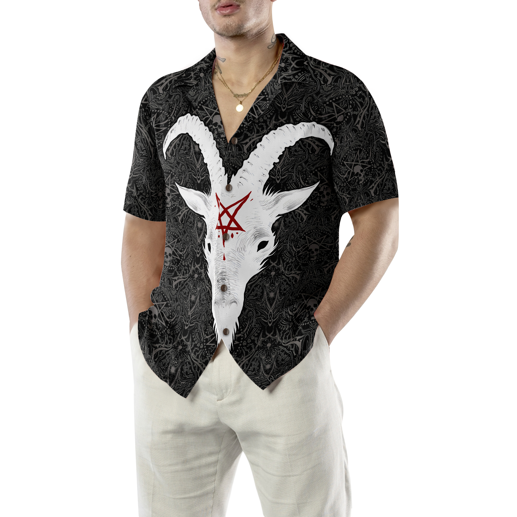 Seamless Gothic Skull Pattern Goth Goat Head Hawaiian Shirt - Hyperfavor