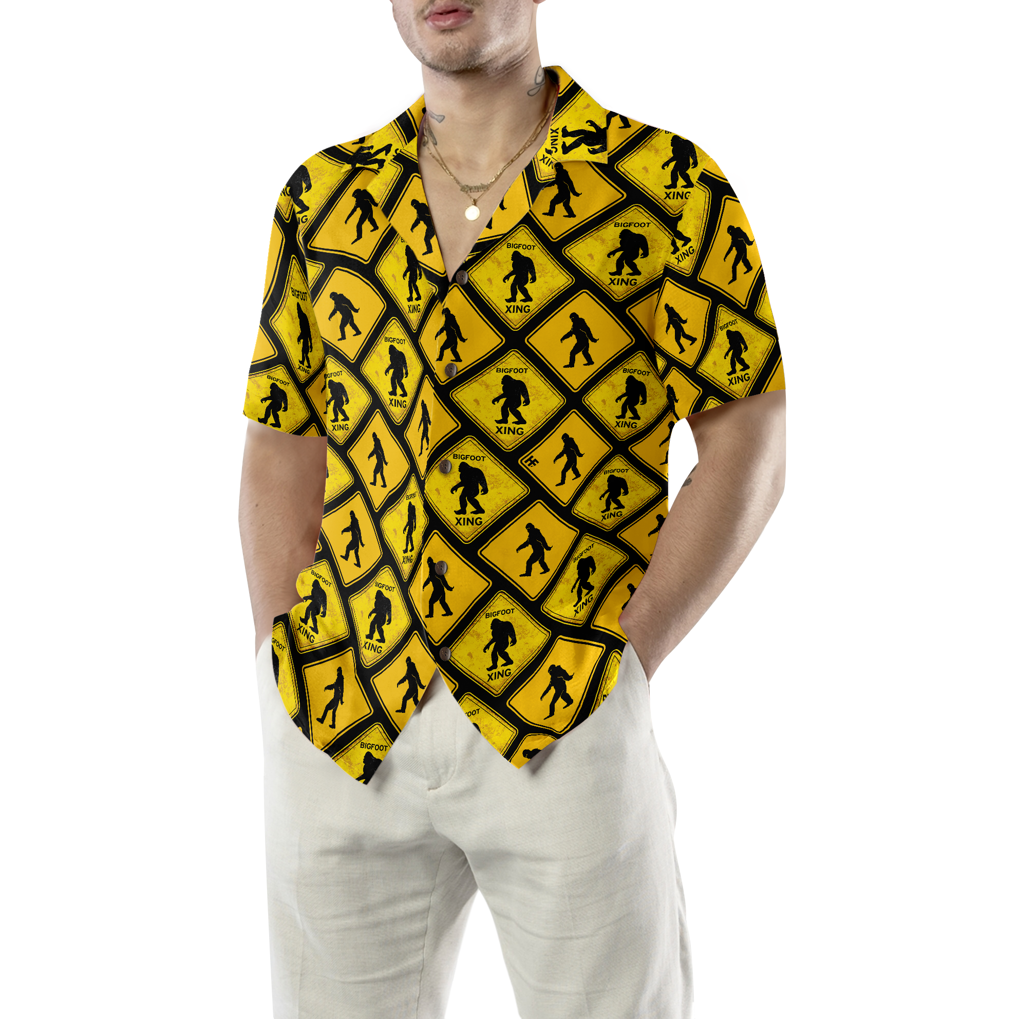 Bigfoot Yellow Square Bigfoot Hawaiian Shirt, Diamond Pattern Caution Signs Bigfoot Shirt For Men - Hyperfavor