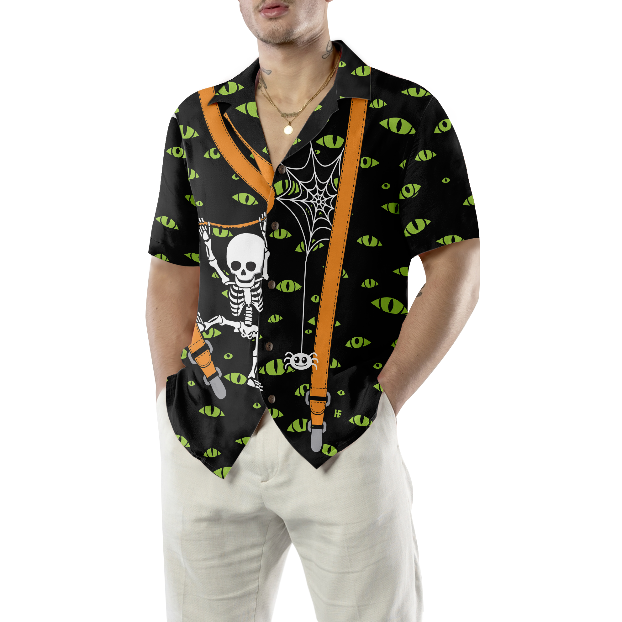 Halloween Skeleton And Monster Eyes Hawaiian Shirt - Hyperfavor