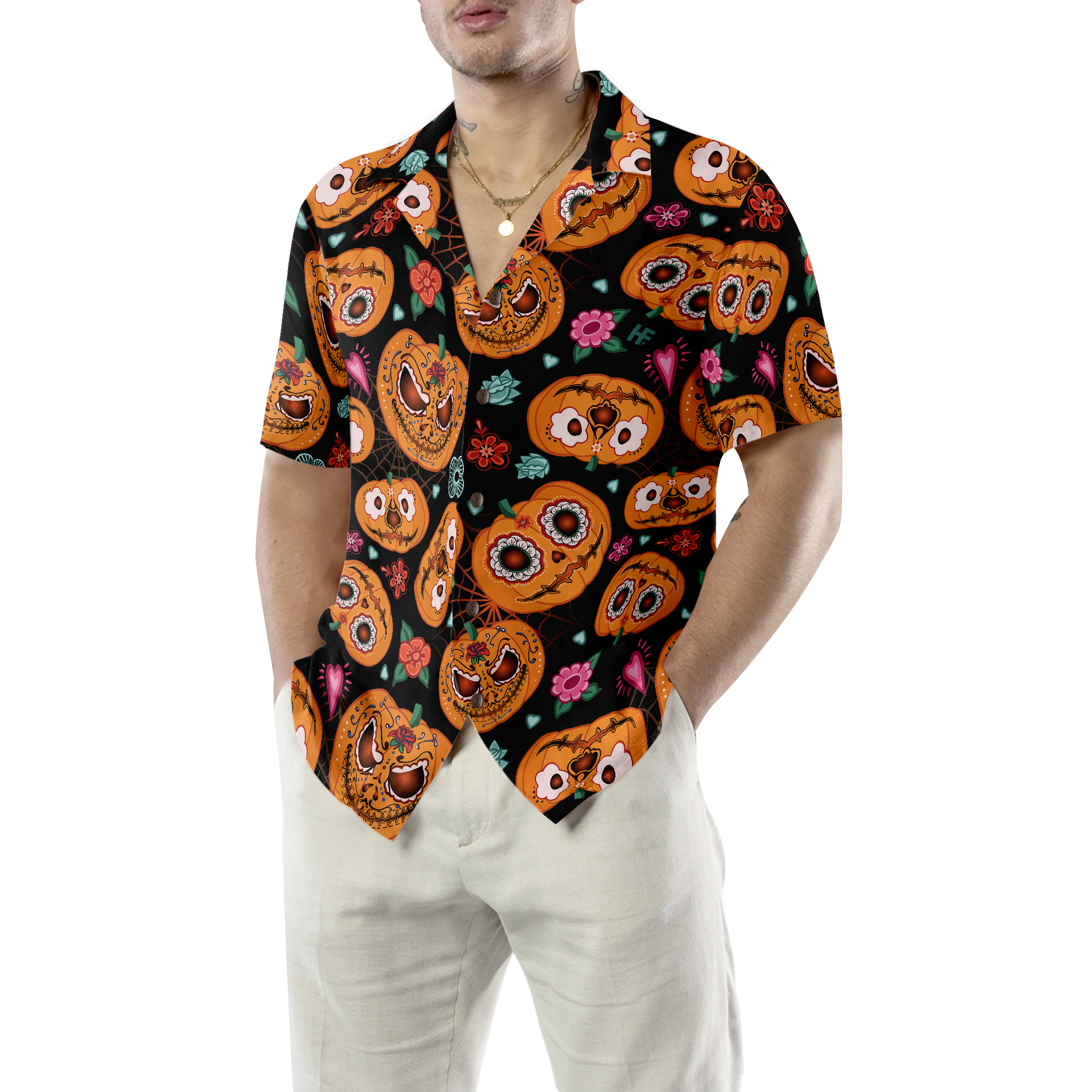 Pumpkin Flower Halloween Theme Hawaiian Shirt - Hyperfavor