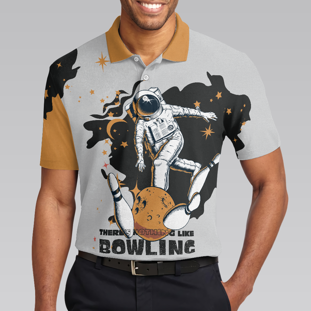 Bowling Astronaut in Space Short Sleeve Polo Shirt, White and Gold Bowling Shirt For Men - Hyperfavor