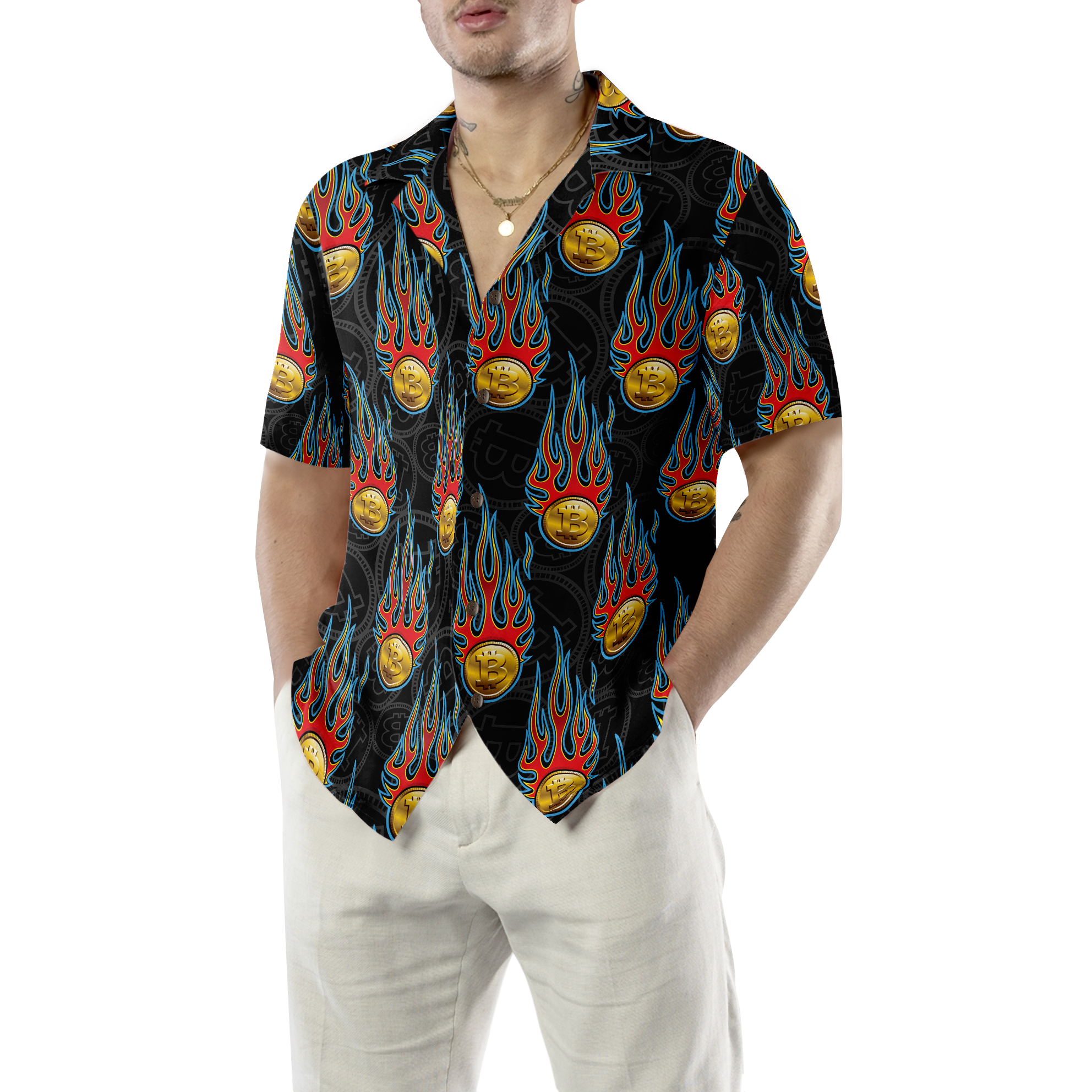 Digital Bitcoin Crypto Currency Pattern With Hotrod Flame Hawaiian Shirt - Hyperfavor