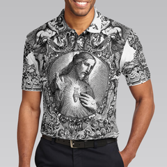 Jesus Christ Vintage Sketch Art Christian Polo Shirt, Black And White Christian Shirt For Men - Hyperfavor