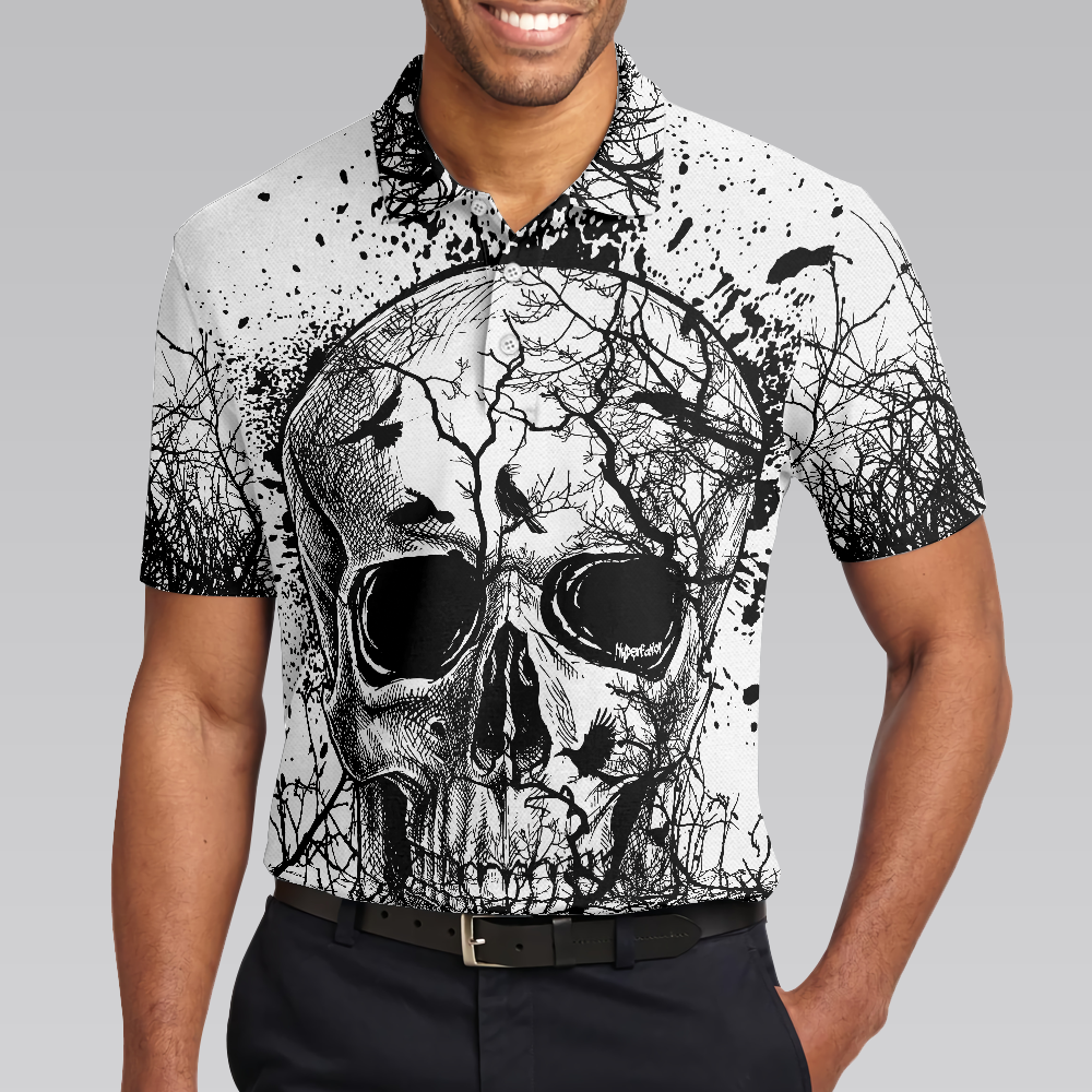 Skull Crow Black And White Short Sleeve Polo Shirt, Dark Forrest Skull Crow Shirt For Men - Hyperfavor